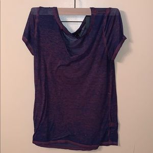 Blue and purple distressed tee with choker neck.